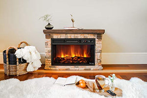 e-Flame USA Telluride LED Electric Fireplace Stove with Faux Wood and Stone Mantel - Remote - 3D Log and Fire