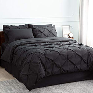 Bedsure Black Twin Comforter Set Kids - 6 Pieces Pintuck Black Bed Set Twin, Pinch Pleat Black Twin Bedding Sets with Comforters, Sheets, Pillowcases & Shams