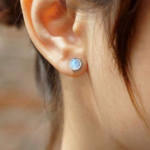 Angol Sterling Silver Moonstone Stud Earrings for Women Girls, 925 Hypoallergenic Rainbow Moonstone Earrings, 5MM Tiny Cute Round Natural Gemstone Earrings Birthday Christmas Gift with Box (White, 5)