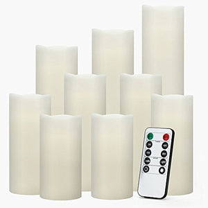 RY King Battery Operated Flameless Candles 4" 5" 6" 7" 8" 9" Set of 9 Real Wax Pillar LED Flickering Candles with Remote Control and Timer