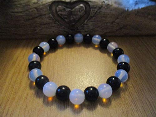 925 sterling silver good luck gift 8mm Multi Colour Moonstone and Black Onyx stacking Bracelet Round, Smooth 18cm for mens, womens, gf, bf and adults.