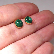 Load image into Gallery viewer, 14K Gold Malachite Stud Earrings - 14K Solid Yellow Gold Studs, Small Round 6mm Natural Stone, May Taurus Birthstone Dark Green Malachite Gemstone, Simple Minimalist Dainty Handmade Jewelry for Women

