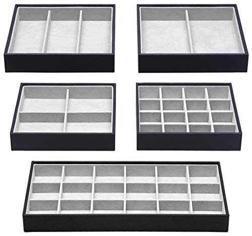 Magic Stackable Jewelry Trays Closet Dresser Drawer Organizer for Accessories, Gadgets & Cosmetics, Storage Display Showcase Holder Box, Set of 5