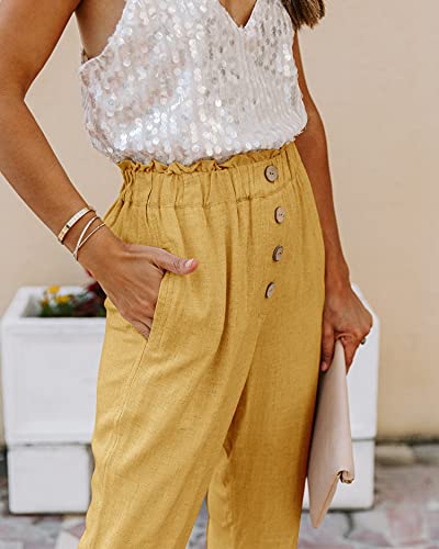 Load image into Gallery viewer, NIMIN Pants for Women Casual Comfy High Waisted Pants Cotton Summer Beach Work Paper Bag Pants with Pockets Yellow 2X-Large