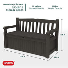 Load image into Gallery viewer, Keter Solana 70 Gallon Storage Bench Deck Box for Patio Furniture, Front Porch Decor and Outdoor Seating – Perfect to Store Garden Tools and Pool Toys, Brown
