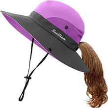 Load image into Gallery viewer, Kids UV Sun Hat with Ponytail Hole UPF 50 Bucket Cap for Girls Summer Beach ＆ Fishing (S:2-5T(Head circumferences 19"-20.6"), Purple)
