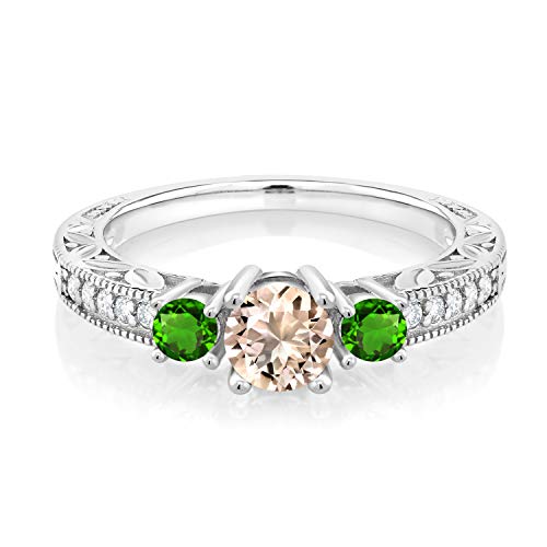 Gem Stone King 0.81 Ct Round Peach Morganite Green Simulated Tsavorite 925 Sterling Silver Ring (Size 8)