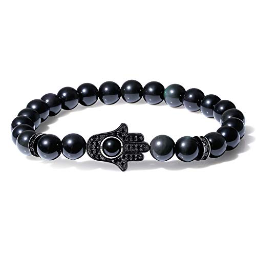 COAI Hand of Hamsa Black Obsidian Stone Mens Bracelet 7