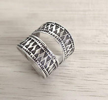 Load image into Gallery viewer, Sterling Silver Ethnic Boho Wide Band Ring, Handmade Tribal Gypsy Adjustable wrap around ring With Geometric Engraving, fit as Thumb Ring, Gift for Her

