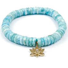 Load image into Gallery viewer, Diamond 14k Gold Lotus Flower Charm on Larimar Bracelet - 7 inches Long Elastic Thread Stretchy Handmade Bracelet by Miller Mae Designs
