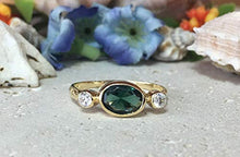 Load image into Gallery viewer, Triple Gemstones Ring - Green Tourmaline Ring - Stacking Ring - Gold Ring - Bezel Ring - Tiny Simple Jewelry
