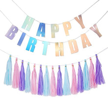 Load image into Gallery viewer, YAKRUNA Holographic Happy Birthday Banner, Iridescent Birthday Party Supplies With 15PCS Rainbow Tassel Paper Garlands for Teens Kids Girls Women
