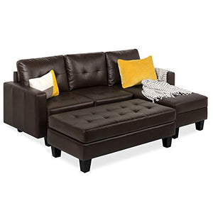 Best Choice Products 3-Seat L-Shape Tufted Faux Leather Sectional Sofa Couch Set w/Chaise Lounge, Ottoman Bench - Brown