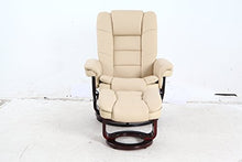Load image into Gallery viewer, JC Home Argus Ultra-Plush Bonded Leather Swiveling Recliner with Mahogany Wood Base and Matching Ottoman - Vanilla
