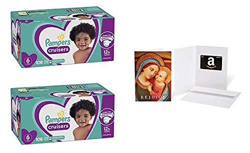 Diapers Size 6, 108 Count - Pampers Cruisers Disposable Baby Diapers (2 Qty)  (Packaging May Vary) with Amazon.com $20 Gift Card in a Greeting Card (Madonna with Child Design)