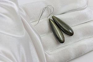 Sterling Silver Obsidian Earrings Velvet Black Shimmer Smooth Long Teardrops