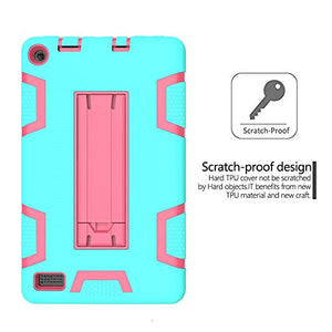 SMYTShop For Amazon Kindle Fire 7 Inch,SMYTShop Dual Layer Hybrid Armor Stand Case Protective Cover for Amazon Kindle Fire 7 Inch (2017) Tablet (Mint Green+Hot Pink)