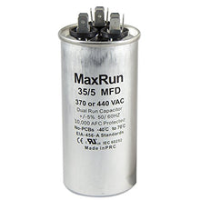 Load image into Gallery viewer, MAXRUN 35+5 MFD uf 370 or 440 Volt VAC Round Motor Dual Run Capacitor for AC Air Conditioner Condenser - 35/5 uf MFD 440V Straight Cool or Heat Pump - Will Run AC Motor and Fan - 5 Year Warranty
