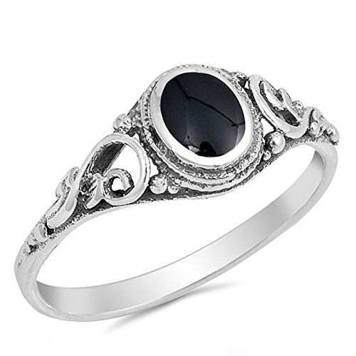 Filigree Simulated Black Onyx Polished Ring New .925 Sterling Silver Band Size 7