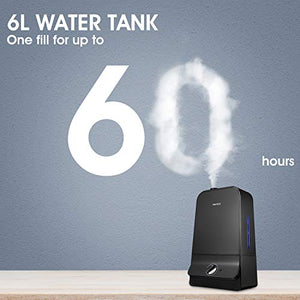 Miroco Cool Mist Humidifier, 26dB Ultra Quiet, 6L Ultrasonic Humidifiers for Large Bedroom Babies, 90mm Water Inlet, Night Light, Adjustable Mist, Automatic Shut-Off for Home Office 20-60 Hours, Black