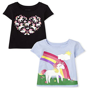 The Children's Place Baby Toddler Girl Short Sleeve Graphic T-Shirt 2-Pack, Unicorn, 2T