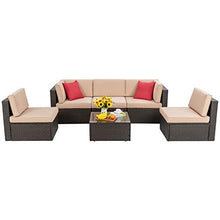Load image into Gallery viewer, Vongrasig 6 Piece Small Patio Furniture Sets, Outdoor Sectional Sofa All Weather PE Wicker Patio Sofa Couch Garden Backyard Conversation Set with Glass Table,Beige Cushions and Red Pillows (Beige)
