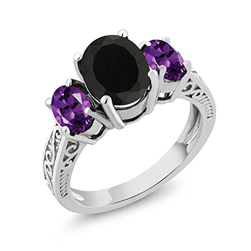 Gem Stone King 2.53 Ct Oval Black Onyx & Purple Amethyst 925 Sterling Silver 3-Stone Gemstone Women's Ring (Size 5)
