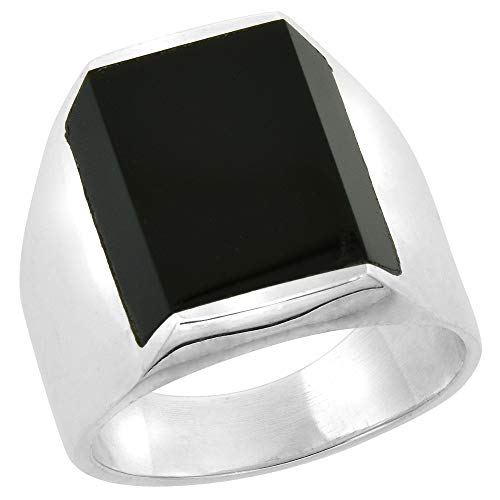 Sterling Silver Black Obsidian Ring for Men Rectangular Flat Solid Back Handmade, Size 10