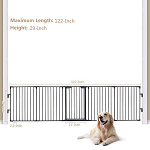Bonnlo 122-Inch Wide Configurable Baby Gate Fireplace Safety Fence/Guard Adjustable 5-Panel Metal Play Yard for Toddler/Pet/Dog Christmas Tree Fence, Includes 4 Pack of Wall Mounts, Black