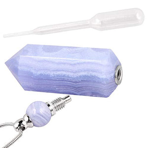 SUNYIK Blue Lace Agate Stone Essential Oil Diffuser Necklace for Women, Hexagonal Pointed Healing Crystal Perfume Bottle Pendant with Chain for Men, 28"