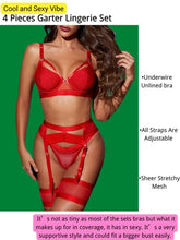 Load image into Gallery viewer, Kaei&amp;Shi Garter Belt Thong Lingerie for Women,Strappy Hollow Out Sexy Lingerie,Underwire Mesh Sheer Matching 4 Piece Lingerie Set Valentine Day Red Medium
