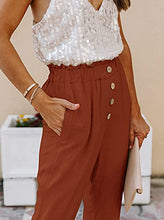Load image into Gallery viewer, NIMIN High Waisted Pants for Women Summer Beach Pants Cotton Linen Like Pull On Pants Ladies Paper Bag Pants Work Pants with Pockets Rust Red Medium
