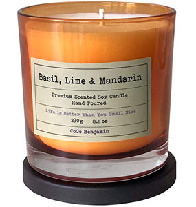 (Basil, Lime & Mandarin) 8.1 oz, 100% Soy, Hand Poured Soy Candle, Highly Scented