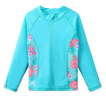 Load image into Gallery viewer, TFJH E Girls Swimsuits Long Sleeve Tankini Rashguard Sets Beachwear UV 50+ Cyan Flower 10A
