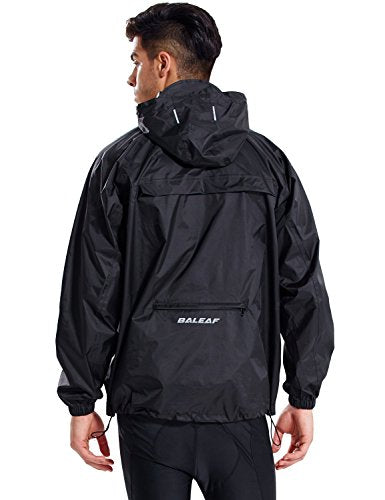 BALEAF Men's Waterproof Cycling Running Rain Jacket with Hooded Lightweight Packable Raincoat Biking Hiking Windbreaker Black Size L