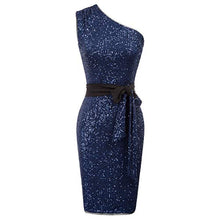 Load image into Gallery viewer, LIUMILAC Women Summer Off Shoulder Sequins Bodycon Mini Dress Sexy Cocktail Party Dress Dark Blue
