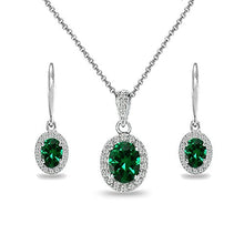 Load image into Gallery viewer, Sterling Silver Simulated Emerald &amp; White Topaz Oval Halo Necklace &amp; Leverback Earrings Set
