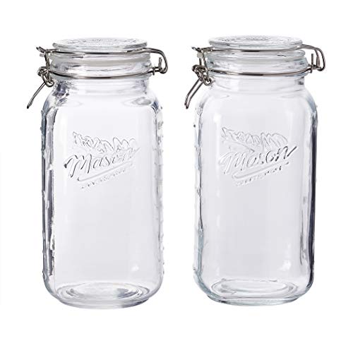 Mason Craft & More Airtight Kitchen Food Storage Clear Glass Clamp Jars, 2 Pack of 67 Ounce (2 Liter) Large Clamp Jar