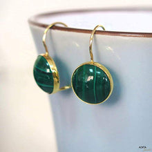 Load image into Gallery viewer, 14K Gold Malachite Earrings - 14K Solid Yellow Gold Drop Earrings, 12mm Natural Round Stone, Genuine Dark Green Gemstone, May Birthstone Taurus Birthday Gift - Minimalist Handmade Statement Jewelry
