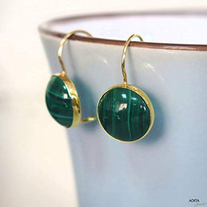 14K Gold Malachite Earrings - 14K Solid Yellow Gold Drop Earrings, 12mm Natural Round Stone, Genuine Dark Green Gemstone, May Birthstone Taurus Birthday Gift - Minimalist Handmade Statement Jewelry
