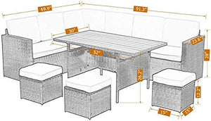 Wisteria Lane Patio Furniture Set,7 Piece Outdoor Dining Sectional Sofa Couch with Dining Table and Chair, All Weather Deck Wicker Conversation Set with Cushion, Grey