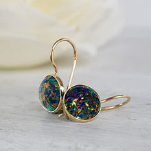 Load image into Gallery viewer, 14K Solid Yellow Gold Fire Black Opal Dainty Earrings For Women; Libra October Birthstone Round Black Stone Earrings; Handmade Jewelry For Classy Women &amp; Wedding Jewelry
