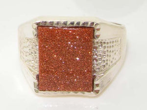 Gents Solid 925 Sterling Silver Goldstone Mens Mans Signet Ring - Size 6 - Sizes 6 to 13 Available