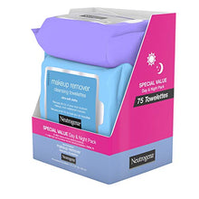 Load image into Gallery viewer, Neutrogena Day &amp; Night Wipes with Makeup Remover Face Cleansing Towelettes &amp; Night Calming Facial Cloths, Alcohol-Free Wipes to Remove Dirt, Oil &amp; Waterproof Mascara, 3 Packs of 25 ct, 75 ct
