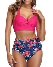 Load image into Gallery viewer, Tempt Me Women's Vintage Swimsuits Rose Red Retro Halter Ruched High Waist Bikini with Bottom M
