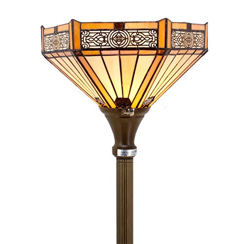 Tiffany Style Torchiere Light Floor Standing Lamp Wide 12 Tall 66 Inch Yellow Hexagon Stained Glass and Mission Style Lampshade for Living Room Bedroom Antique Table S011 WERFACTORY