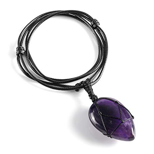 PESOENTH Amethyst Necklace Purple Quartz Crystal Dowsing Pendulum Divination Healing Necklace Cord,Natural Gemstone Teardrop Pointed Reiki Chakra Pendant