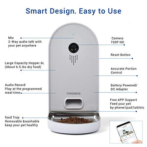DOGNESS Automatic WiFi Dog/Cat Smart Camera Feeder - 6.5Lbs Large Capacity App Control Food Dispenser with WiFi, Portion Control, Voice Recording, Camera, Timer Programmable (Grey)