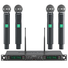 Load image into Gallery viewer, Wireless Microphone System, Phenyx Pro 4-Channel UHF Wireless Mic, Fixed Frequency Metal Cordless Mic with 4 Handheld Dynamic Microphones, 260ft Range, Microphone for Singing,Church,DJ (PTU-5000A)
