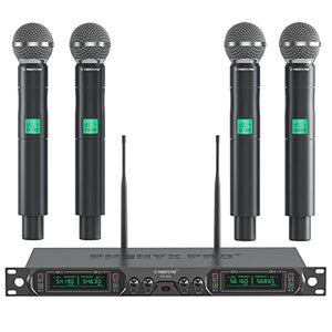 Wireless Microphone System, Phenyx Pro 4-Channel UHF Wireless Mic, Fixed Frequency Metal Cordless Mic with 4 Handheld Dynamic Microphones, 260ft Range, Microphone for Singing,Church,DJ (PTU-5000A)